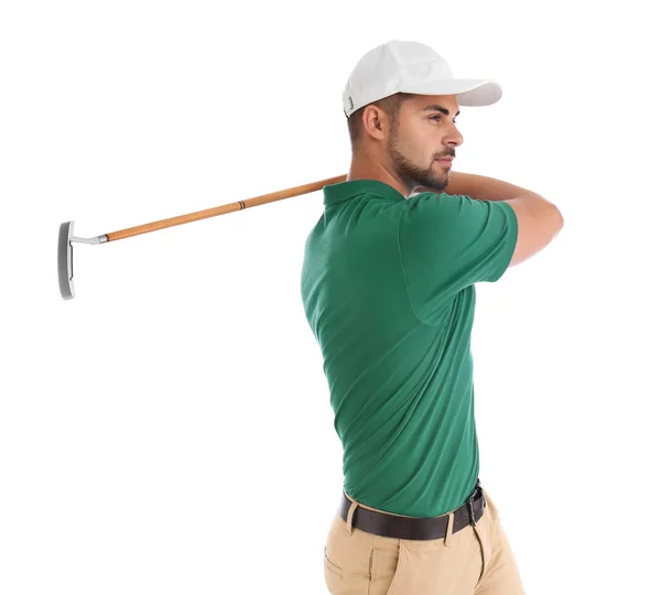 Giovane uomo che gioca a golf su sfondo bianco — Foto Stock
