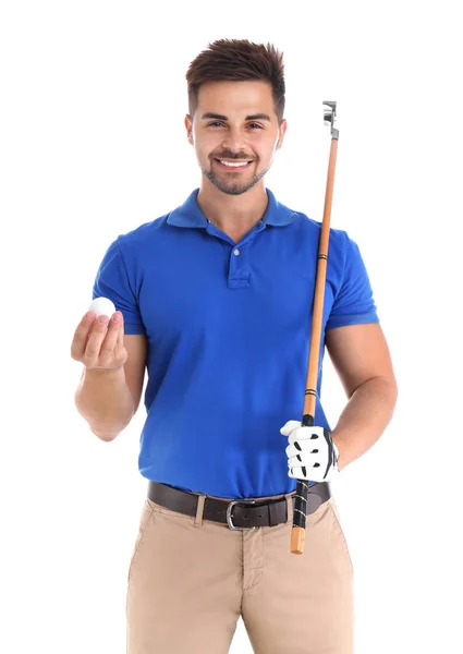 Portrait de jeune homme avec club de golf et balle sur fond blanc — Photo