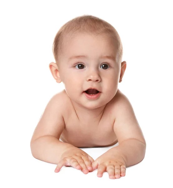 Cute little baby lying on white background Royalty Free Stock Images