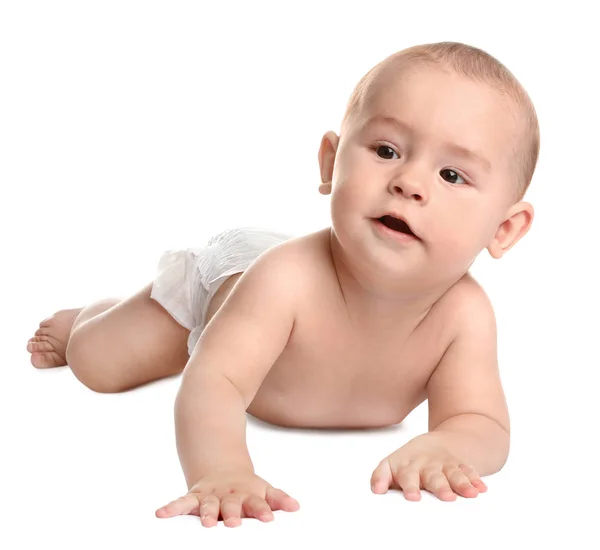 Cute little baby crawling on white background Stock Photo