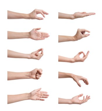 Set of woman showing different gestures on white background, closeup view of hands  clipart