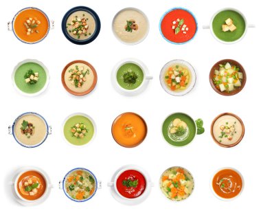 Beyaz arka planda farklı taze ev yapımı çorbalar seti, üst görünüm