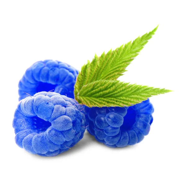 Fresh sweet blue raspberries and green leaves on white background — Stock Photo, Image