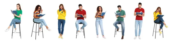 Colagem de pessoas lendo livros sobre fundo branco. Design de banner — Fotografia de Stock