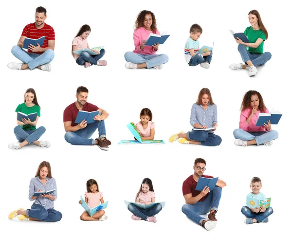 Collage de personas leyendo libros sobre fondo blanco — Foto de Stock
