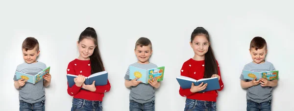 คอลลาจของเด็ก ๆ อ่านหนังสือบนพื้นหลังแสง การออกแบบแบนเนอร์ — ภาพถ่ายสต็อก