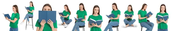 Collage de mujer joven leyendo libro sobre fondo blanco. Diseño de banner — Foto de Stock