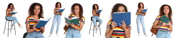 Kollázs a fiatal afro-amerikai nő olvasott könyvek fehér háttérrel. Szalagtervezés — Stock Fotó
