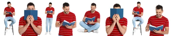 Collage de hombre leyendo libro sobre fondo blanco. Diseño de banner —  Fotos de Stock