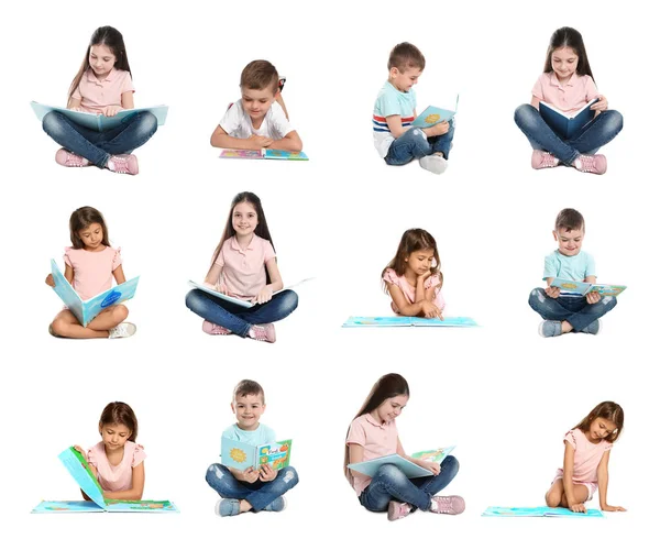 Collage de niños leyendo libros sobre fondo blanco —  Fotos de Stock