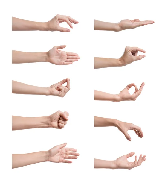 Set of woman showing different gestures on white background, closeup view of hands — Stock Photo, Image
