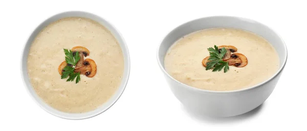Set frische hausgemachte Pilzsuppe auf weißem Hintergrund — Stockfoto