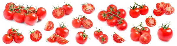 Conjunto de suculentos tomates cereja maduros no fundo branco. Design de banner — Fotografia de Stock