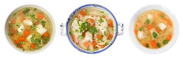 Sada čerstvé domácí Kuřecí polévky na bílém pozadí, pohled shora — Stock fotografie