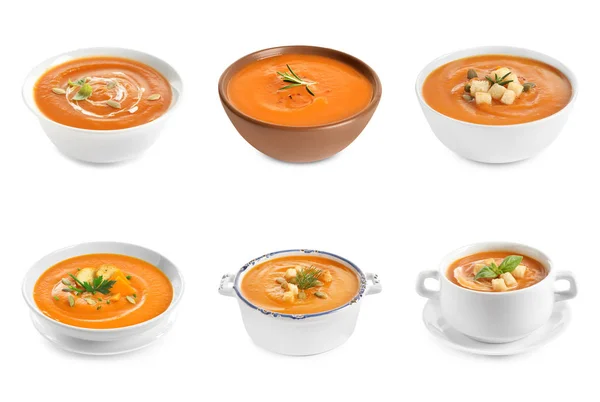 Conjunto de sopa de abóbora caseira fresca com croutons no fundo branco — Fotografia de Stock