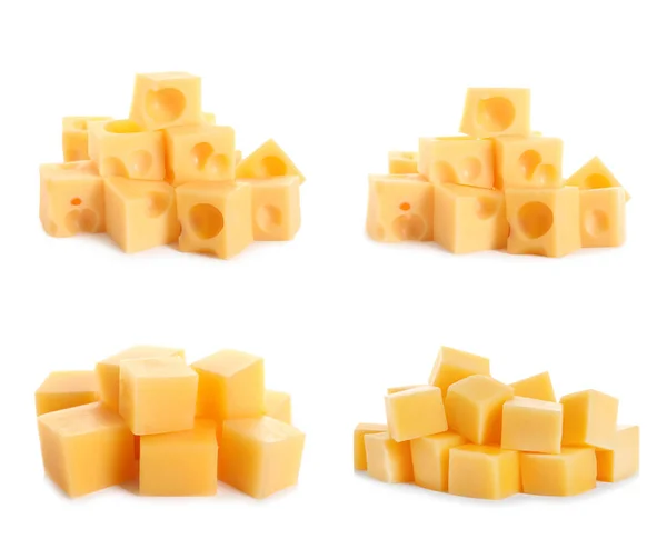 Set of different delicious cheese cubes on white background — Stock Photo, Image