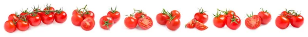 Conjunto de suculentos tomates cereja maduros no fundo branco. Design de banner — Fotografia de Stock
