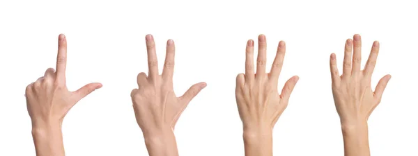 Készlet nő mutatja számok fehér háttér, Vértes véve a kezek — Stock Fotó