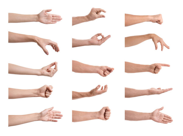 Set of people showing different gestures on white background, closeup view of hands 