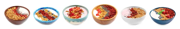 Reihe köstlicher gesunder Desserts mit Goji-Beeren auf weißem Hintergrund. Bannerdesign — Stockfoto