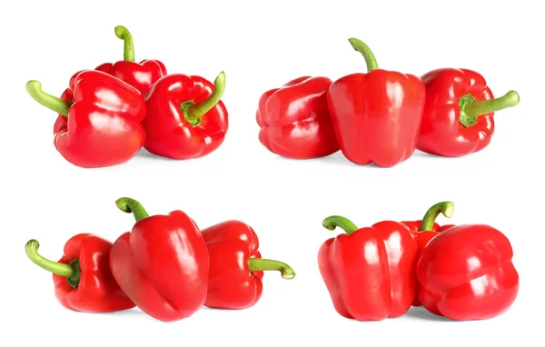 Conjunto de pimentas vermelhas frescas no fundo branco — Fotografia de Stock