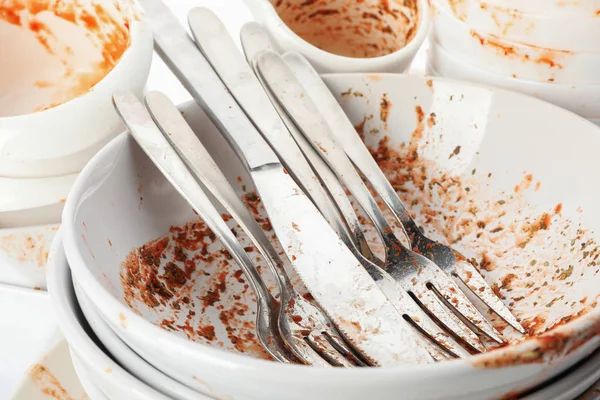 Pile of dirty dishes and cutlery, closeup — Stock Photo, Image