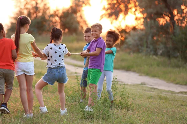 Bonito crianças brincando ao ar livre ao pôr do sol — Fotografia de Stock