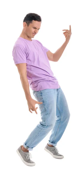 Glücklich attraktiver Mann tanzt auf weißem Hintergrund — Stockfoto