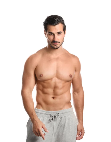 Jonge man met slanke lichaam op witte achtergrond — Stockfoto