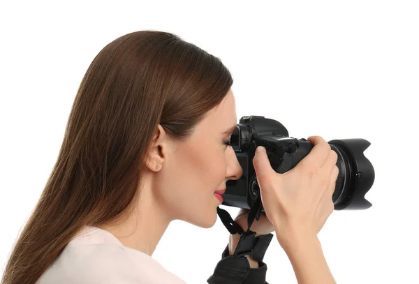 Professionele fotograaf Foto's maken op witte achtergrond — Stockfoto