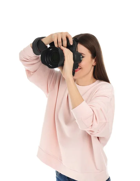 Profesionální fotograf fotografý na bílém pozadí — Stock fotografie