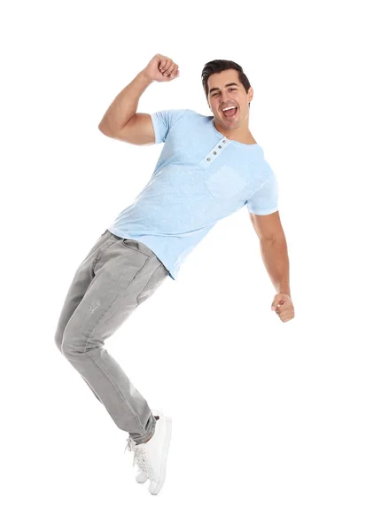 흰색 배경에서 춤을 추 고 잘생긴 젊은 남자 — 스톡 사진