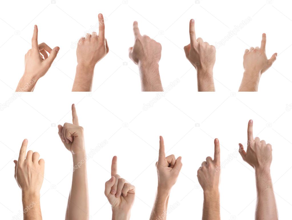 Set of man pointing at something on white background, closeup view of hands 