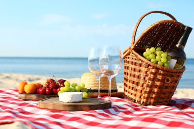 Güneşli plajda piknik sepeti ve ürünleri ile damalı battaniye