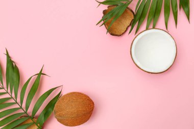 Taze hindistan cevizi ve palmiye yaprakları pembe arka plan, düz yatıyordu. Metin için alan