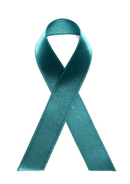 Teal Awareness Ribbon auf weißem Hintergrund, Draufsicht. Symbol für soziale und medizinische Probleme — Stockfoto