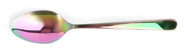 Limpiar cuchara brillante aislado en blanco, vista superior —  Fotos de Stock