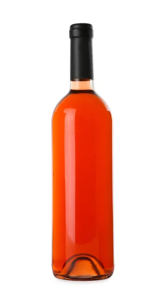 Flaskor av utsökt rosévin på vit bakgrund. Mockup för design — Stockfoto