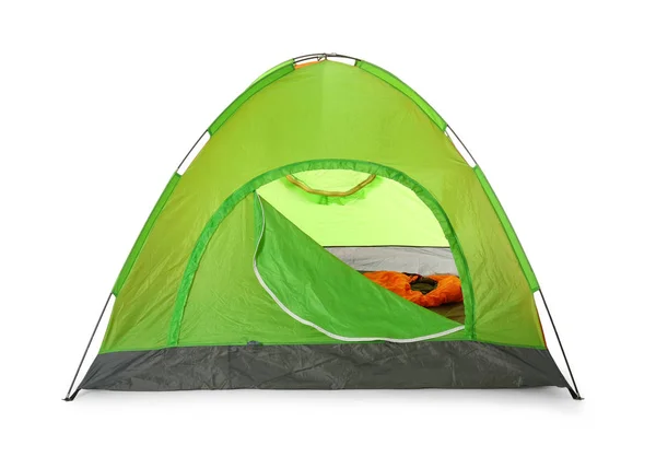 Удобная зеленая палатка для кемпинга на белом фоне — стоковое фото