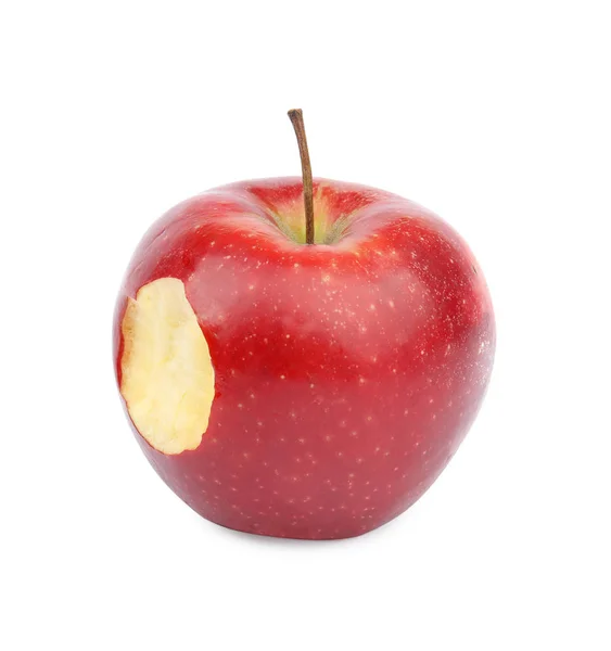 Reifer saftiger roter Apfel mit Bissspuren auf weißem Hintergrund — Stockfoto