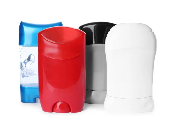 Verschillende natuurlijke mannelijke deodorants op witte achtergrond. Huidverzorging — Stockfoto