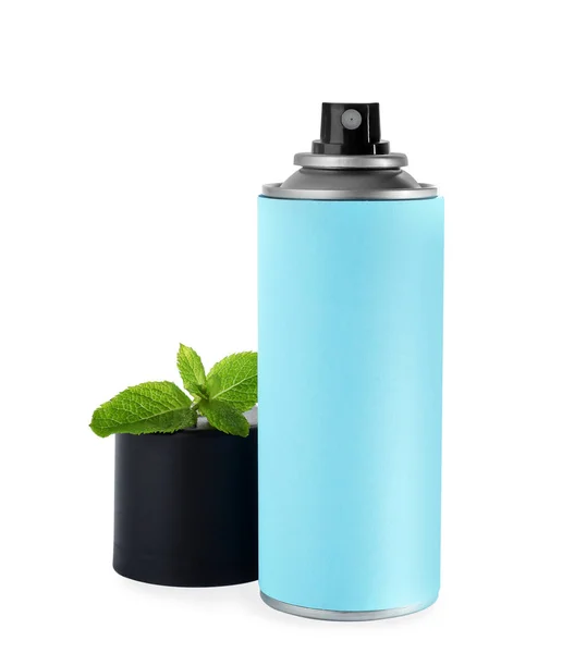 Offenes Spray-Deo und Minze auf weißem Hintergrund — Stockfoto
