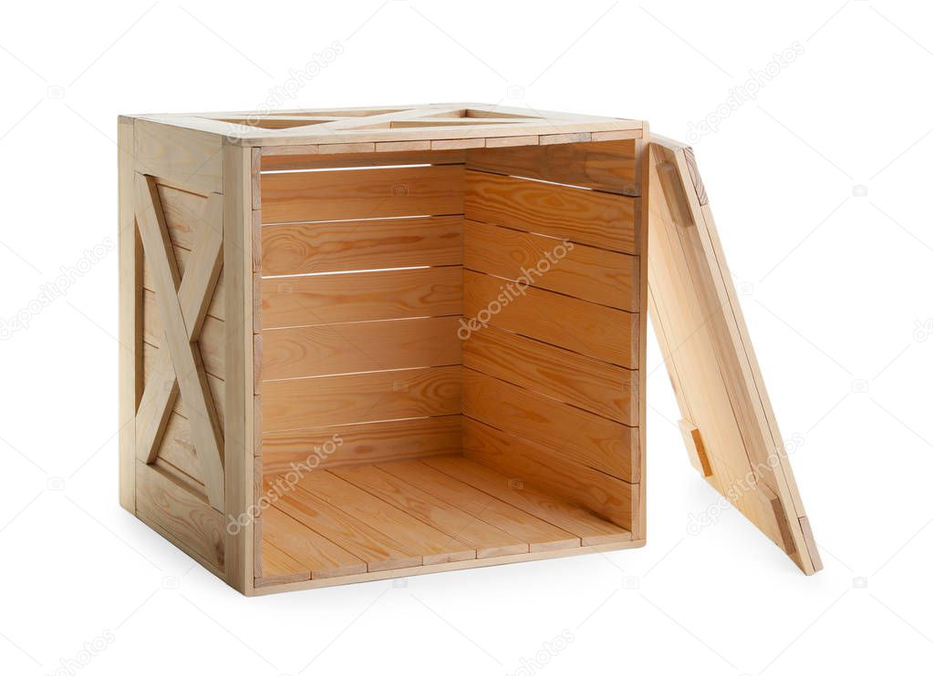 Open wooden crate with lid isolated on white