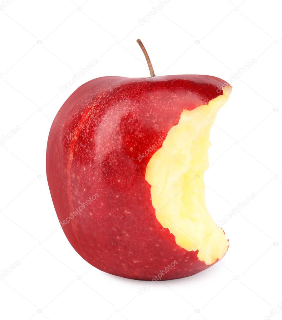 Ripe juicy red apple with bite mark on white background