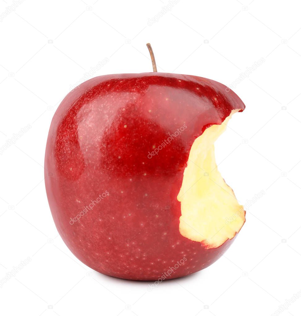 Ripe juicy red apple with bite mark on white background