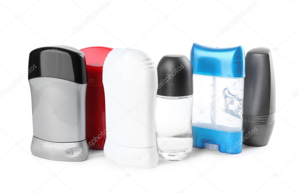 Different natural male deodorants on white background. Skin care