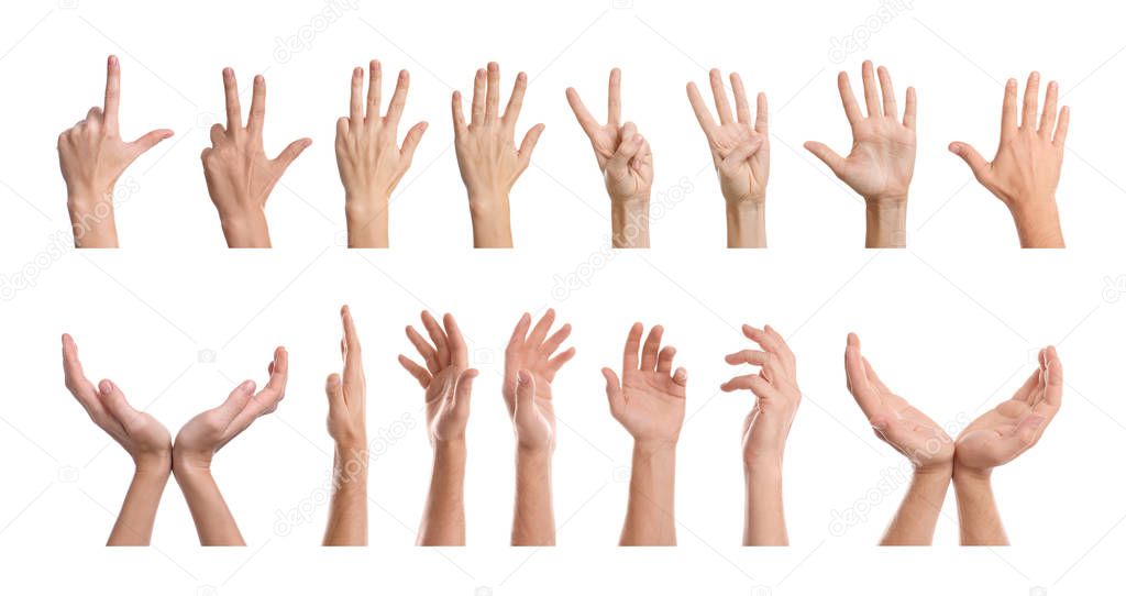 Set of people showing different gestures on white background, closeup view of hands 