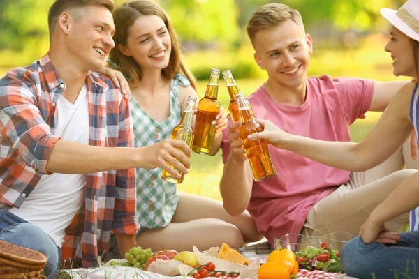 Jonge mensen genieten van picknick in Park op zomerdag — Stockfoto