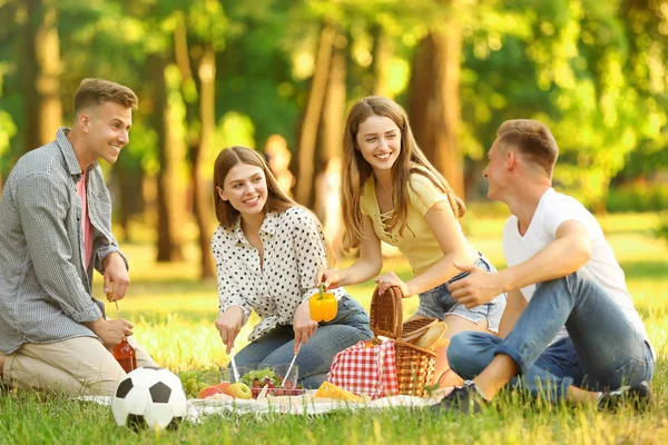 Jonge mensen genieten van picknick in Park op zomerdag — Stockfoto