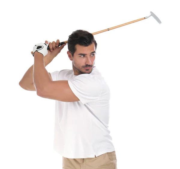 Giovane uomo che gioca a golf su sfondo bianco — Foto Stock